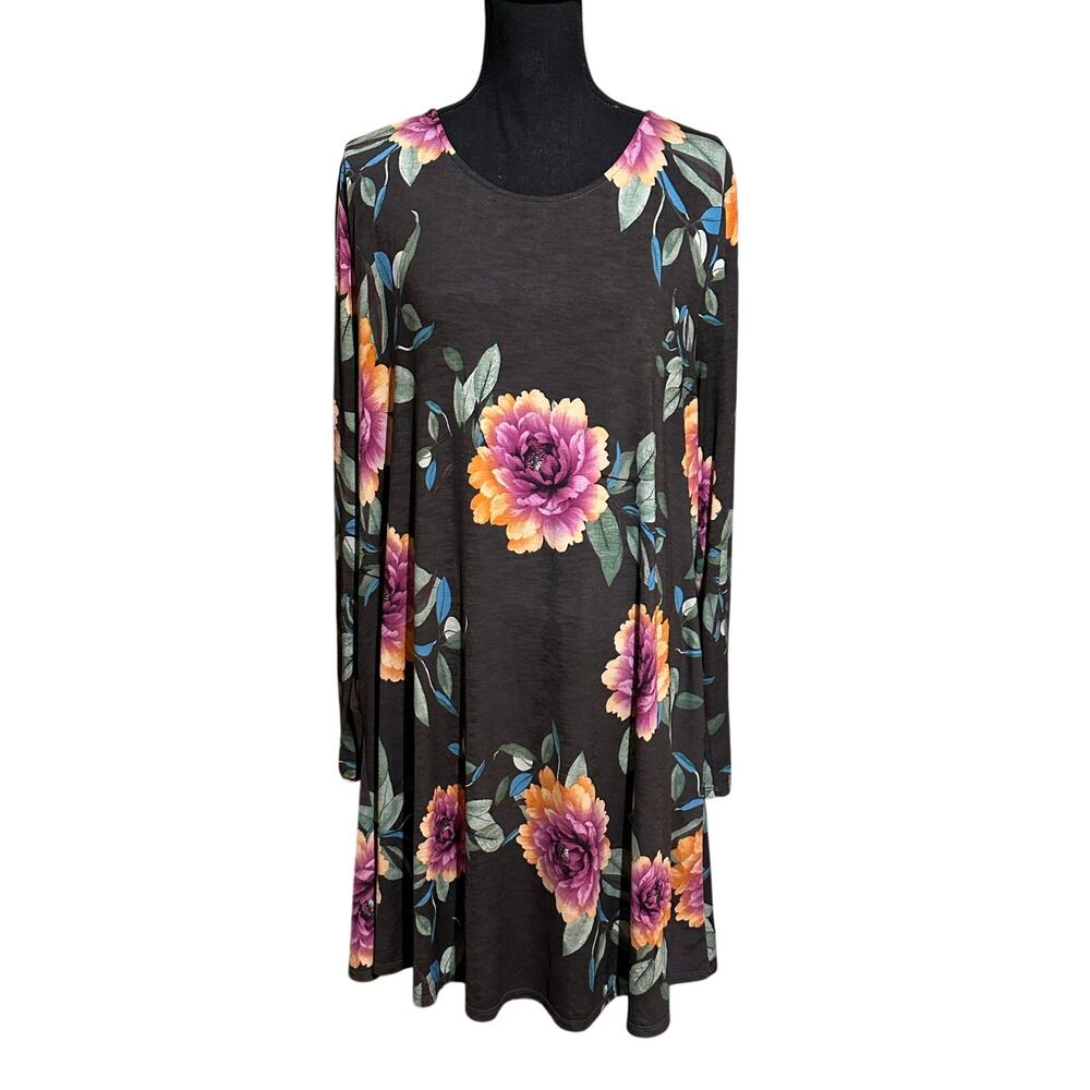 Paisley Grace Charcoal Pink Floral Crew Neck Long Sleeve Swing Dress Size L